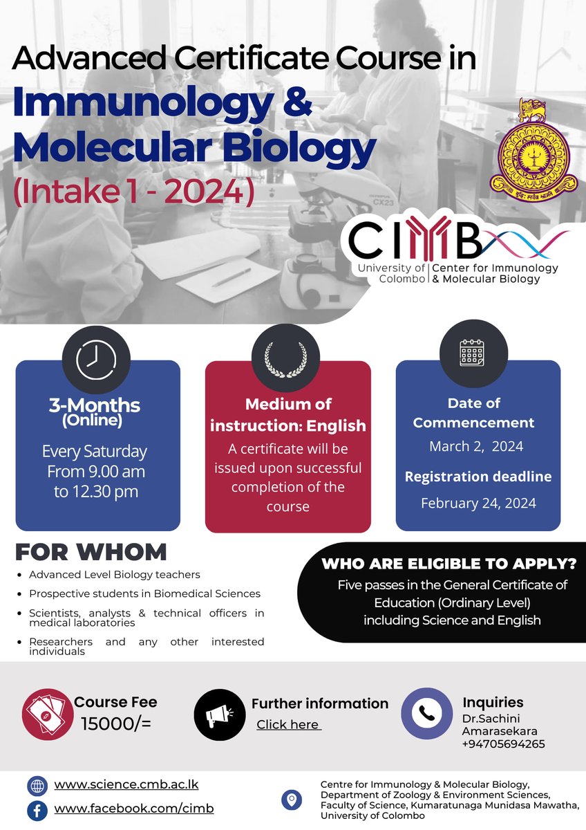 DoZEnS_uoc's tweet photo. Registration is now open for the Advanced Certificate Course in Immunology and Molecular Biology
Registration link
https://t.co/bb3MX1t3sv https://t.co/h2tZLpVmd9
