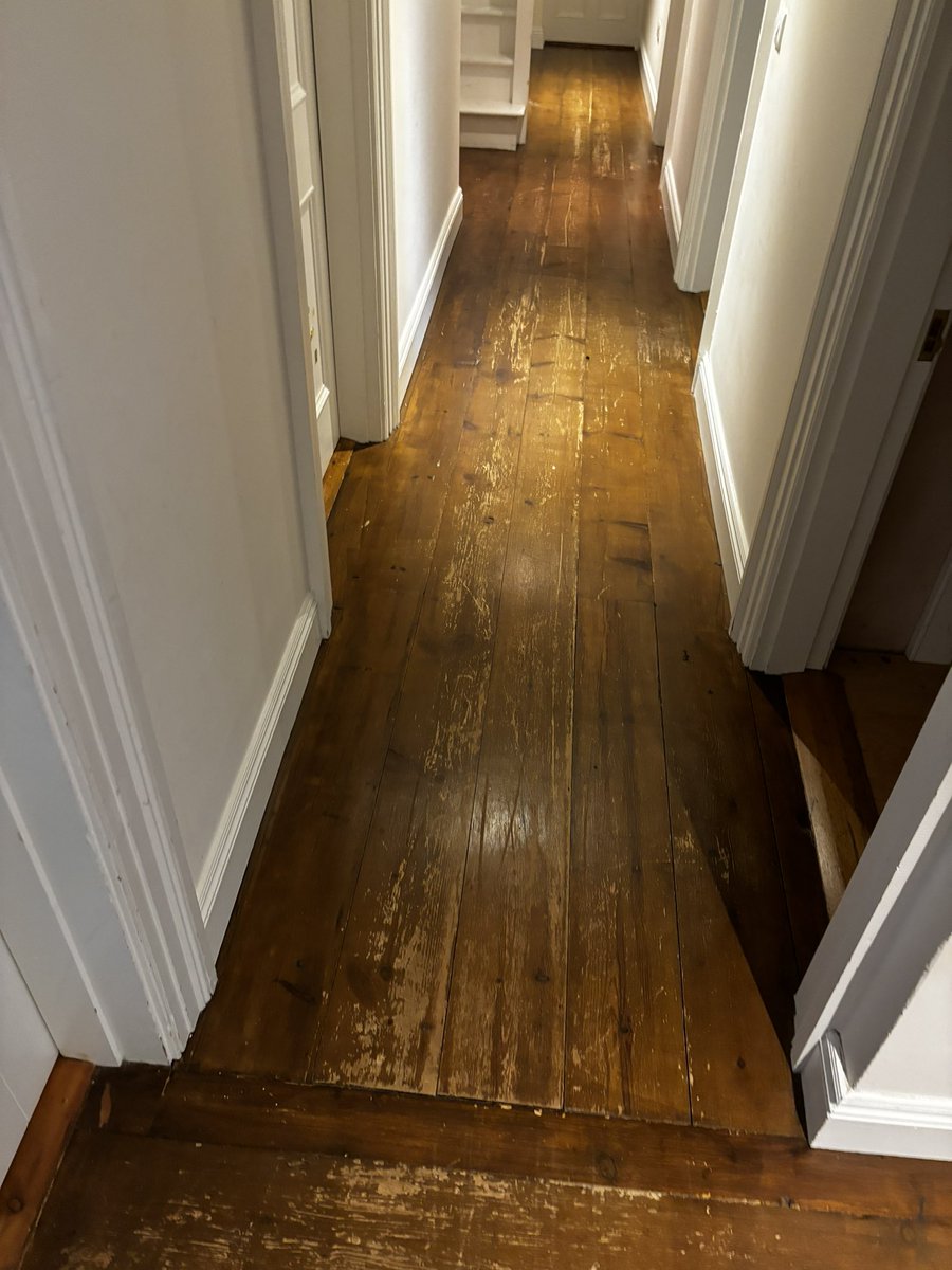 A tough project but great results on this reclaimed red deal floor - sanded back to bare wood and sealed with WOCA Denmarks Carmel Brown Diamond Oil Active #cork #ireland #reclaimed #wocadenmark #AislinnHardwoodFlooring #before #after #carmelbrown #oilfinish #diamondoil