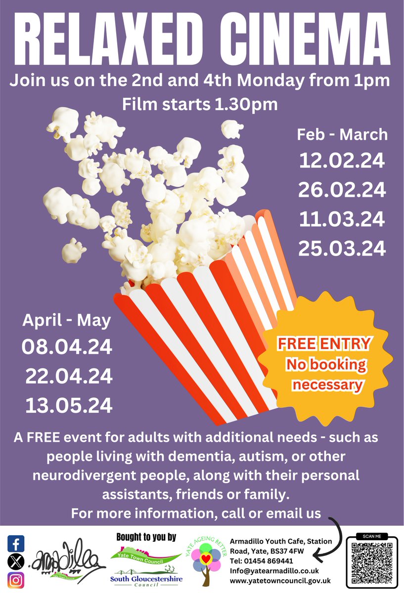 Free Relaxed Cinema Sessions at The Armadillo Yate! These are free events for people with additional needs such as autism or neurodivergence along with their carers or family. Find out more: yatetowncouncil.gov.uk/relaxed-cinema…