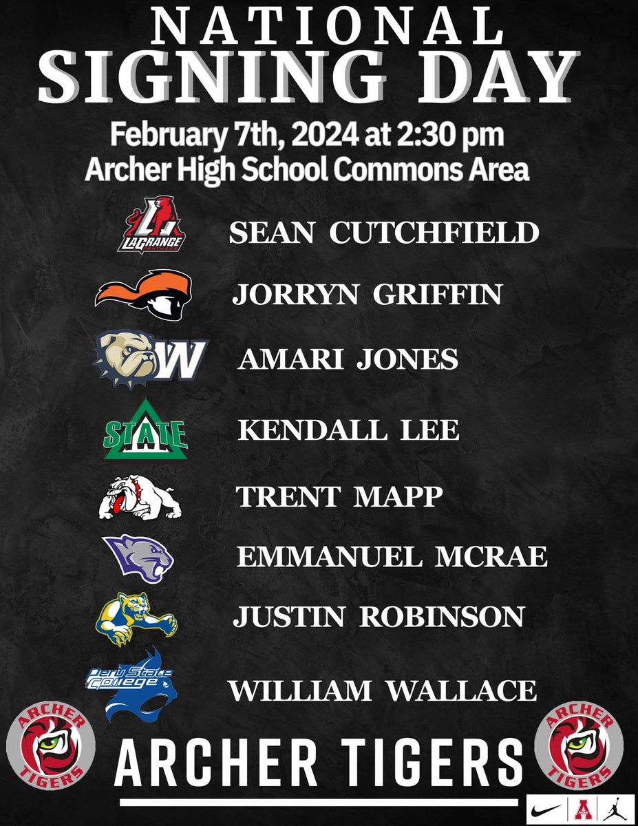 Archer Tigers Football (@archertigersfb) on Twitter photo BEST DAY OF THE 2023 SEASON‼️
These Seniors #MADETHEMBELIEVE
<a href="/__Kendalllee/">Kendall Lee</a> <a href="/jorryn_griffin/">Jorryn Griffin</a> <a href="/amarijones_/">Amari Jones</a> <a href="/Trent_2024/">Trent “CHUNK” Mapp</a> <a href="/SeanCrutchfiel7/">Sean Crutchfield</a> <a href="/EmmanuelMcrae/">Emmanuel McRae</a> <a href="/WillWallace00/">William Wallace</a> <a href="/justin2024R/">Justin Robinson</a> <a href="/_Coach_Williams/">Dante Williams</a> <a href="/AHSTigersSports/">ArcherAD</a> BEST DAY OF THE 2023 SEASON‼️
These Seniors #MADETHEMBELIEVE
<a href="/__Kendalllee/">Kendall Lee</a> <a href="/jorryn_griffin/">Jorryn Griffin</a> <a href="/amarijones_/">Amari Jones</a> <a href="/Trent_2024/">Trent “CHUNK” Mapp</a> <a href="/SeanCrutchfiel7/">Sean Crutchfield</a> <a href="/EmmanuelMcrae/">Emmanuel McRae</a> <a href="/WillWallace00/">William Wallace</a> <a href="/justin2024R/">Justin Robinson</a> <a href="/_Coach_Williams/">Dante Williams</a> <a href="/AHSTigersSports/">ArcherAD</a>
