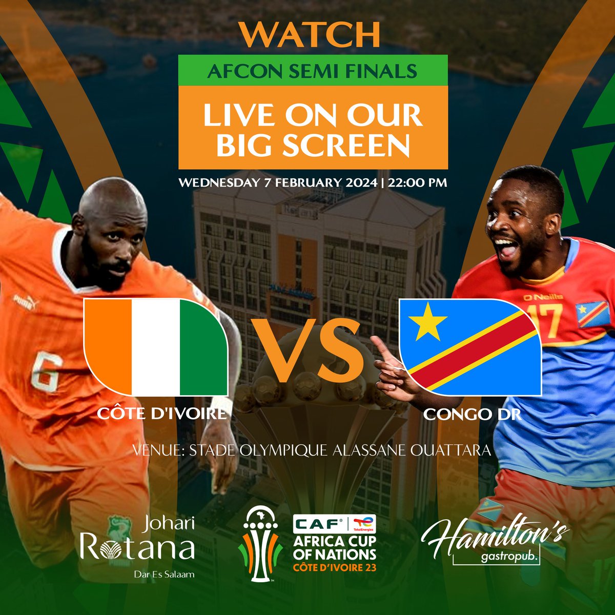 The pressure is on 🔥🔥🔥

Catch all the action at Hamilton's on our big screen.

Which team are you backing in the semi-finals? 🇨🇮🇨🇩🇳🇬🇿🇦

#AFCON #AFCON2024 #joharirotana #HamiltonsGastropub #daressalaam