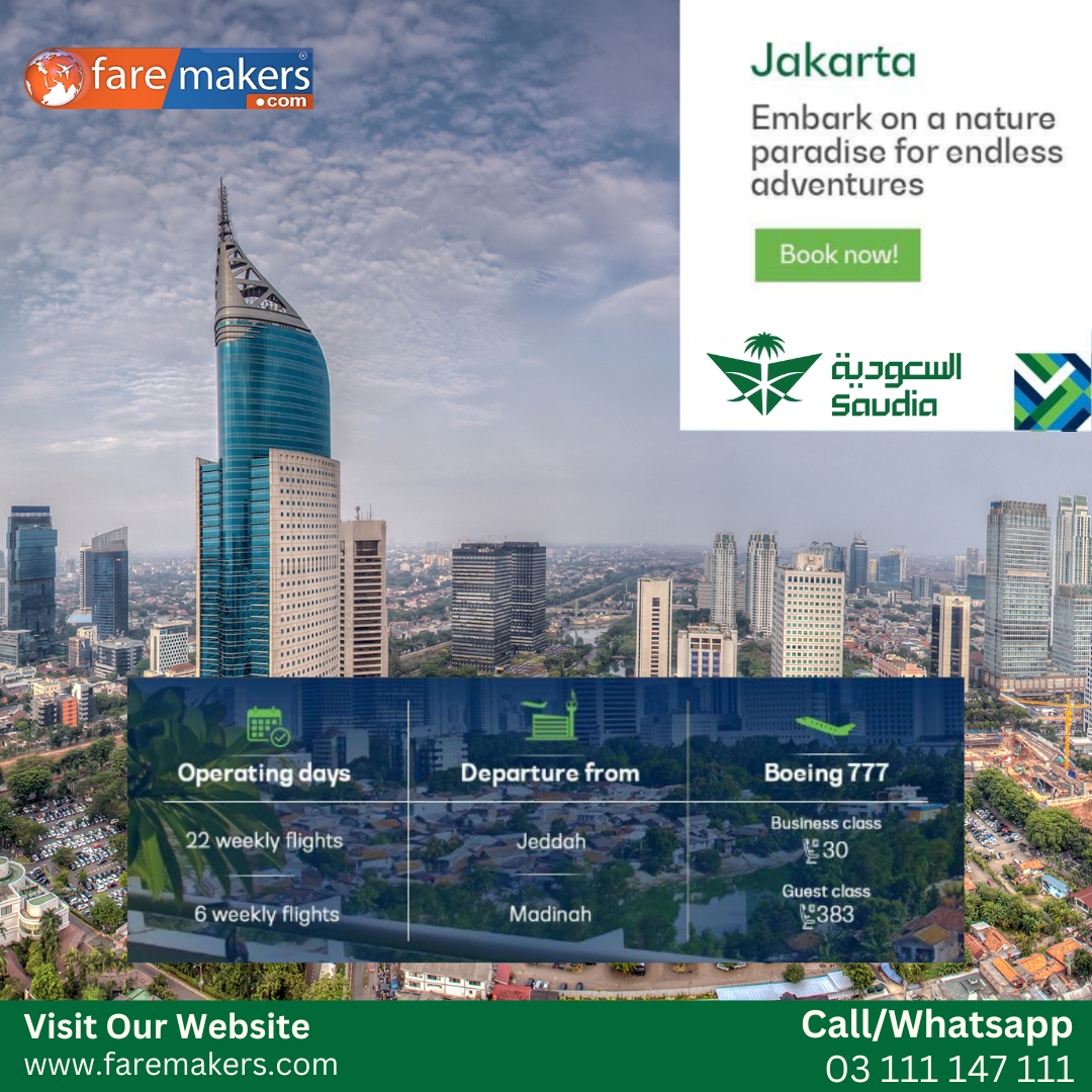 Faremakers's tweet photo. Fly to #jakarta 🤩,📍 weekly direct flights from Jeddah &amp; Madinah
Book Now, With Faremakers

Call/WhatsApp: 03 111 147 111
Visit: https://t.co/DFG0nGaI0c

#faremakers #TravelGoals #cheaprates #flights #specialoffer #saudiarabia #saudiaairlines #jakarta #madinah #jeddah https://t.co/q9qph7HKD5