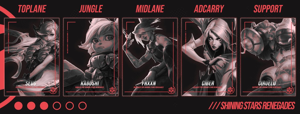 Llevan un tiempo trabajando en la sombra pero finalmente ha llegado hora de presentar a nuestro nuevo roster que competirá en la Hextech Series.

Dadle la bienvenida a Shining Stars Renegades

🔝 <a href="/s3usito/">Seus</a> 
🌴 <a href="/Kaboshi_/">Kaboshi</a> 
🧑‍🍳@frxxnpr7
🏹<a href="/ciberadc/">cibernetico</a>
👍 <a href="/Ciru_99/">Ciru</a> 

🩴 <a href="/L9_Mythical/">Mythical</a>