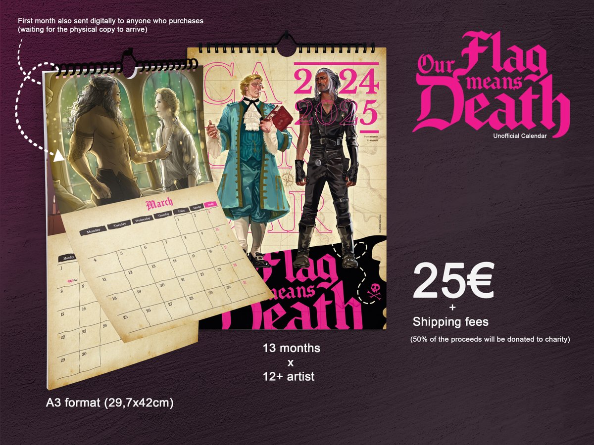OFMD_calendar's tweet photo. Crew, are you ready to set sail? ☠️
With this calendar from March 2024 to March 2025 you will not miss any dates.

13 months for 10+ artists and amazing merch!
A3 format (27,9x42cm)
50% of the profits will go to charity! 🏴‍☠️

#ofmd #ofmd_unofficialcalendar #ourflagmeansdeath https://t.co/mz8RPRYf3Z