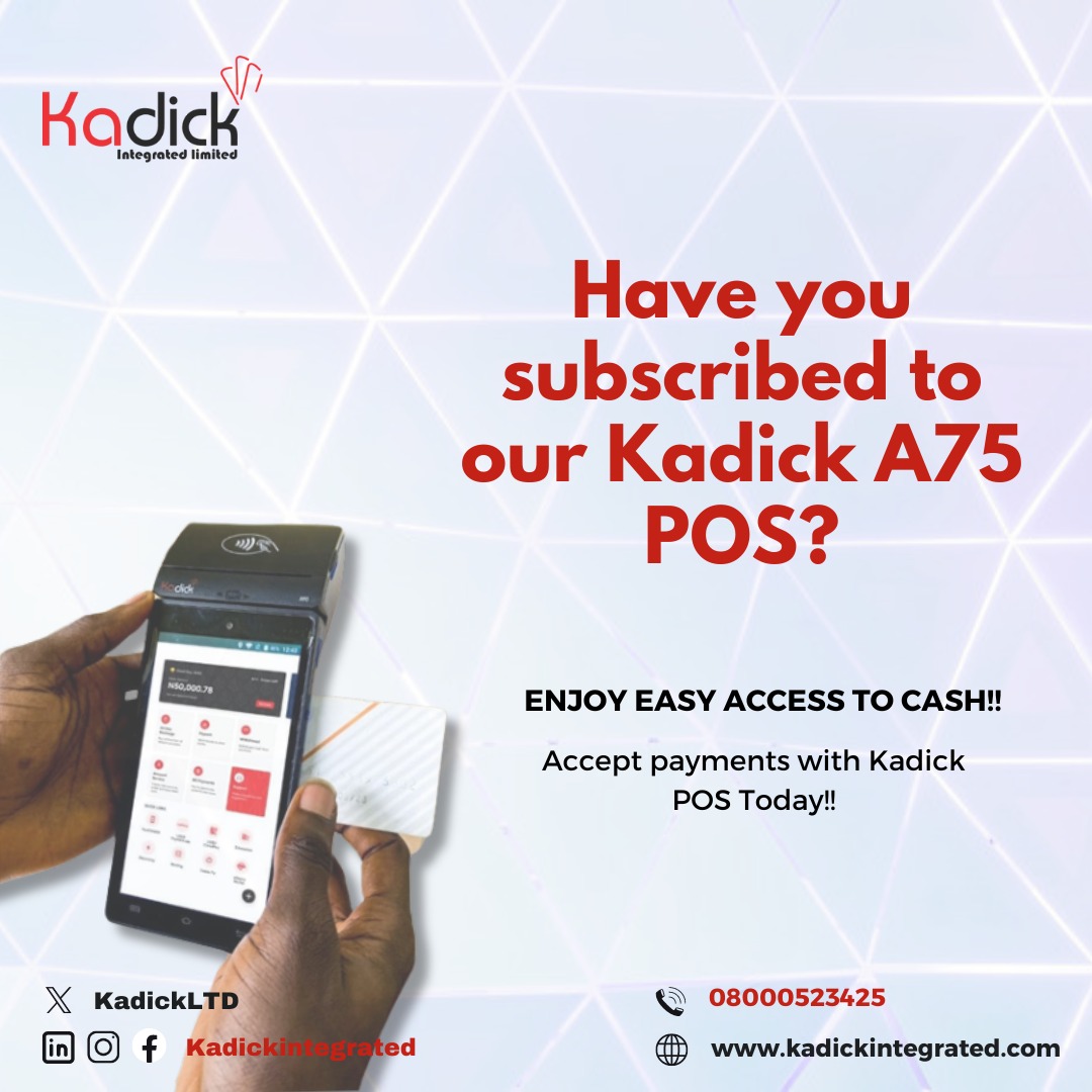 Running out of cash and standing on the queue for hours to withdraw can be frustrating. For ease in transactions as a Business Owner, Subscribe to our A75 Kadick POS for #50,000
 
#pos #posbusiness #agencybanking #easytransactions #fintech #fintechcompany #kadickmoni #kadick