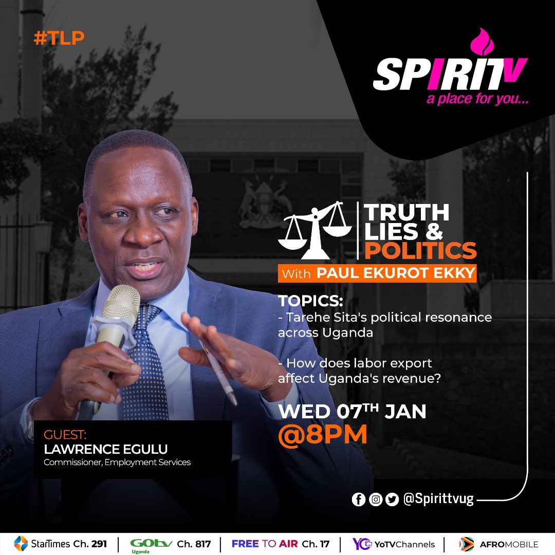 PaulEkurot's tweet photo. Wednesday it is! We talk about #TareheSita and it’s relevance today.
We will turn our attention to the sticky issue of #labourexport with @rwomchechen , #LawrenceEgulu - MGLSD & Cpt Wilson Kagaba on the Truth, Lies and Politics @spirittvug at 8pm. Miss not https://t.co/gas2fycikl