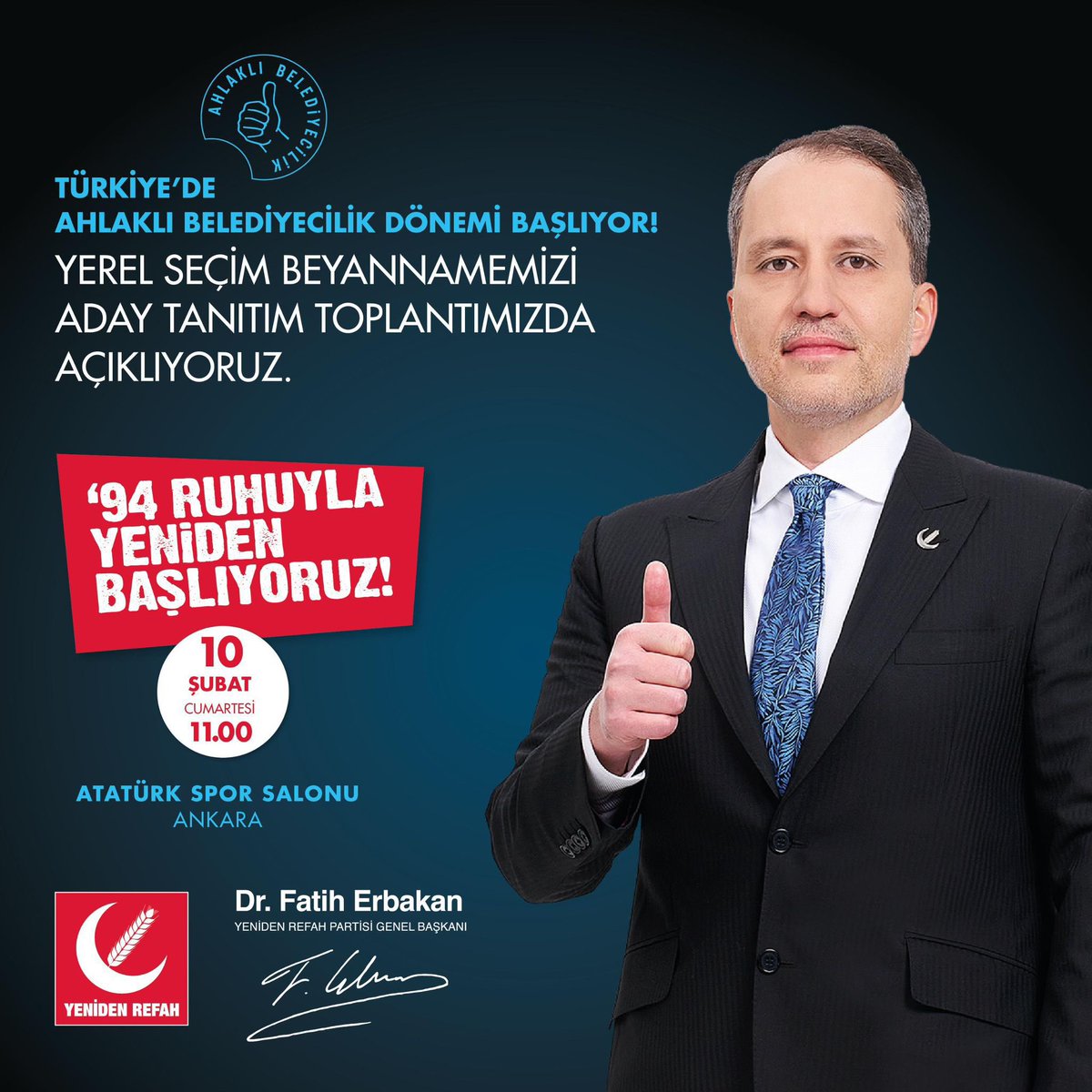 Türkiye’de “Ahlaklı Belediyecilik” dönemi başlıyor! 

Yerel seçim beyannamemizi aday tanıtım toplantımızda açıklıyoruz. 

❗️ Aday Tanıtım Toplantısı 
🗓️ 10 Şubat Cumartesi 
⏰ 11.00 
📍Ankara Atatürk Spor Salonu