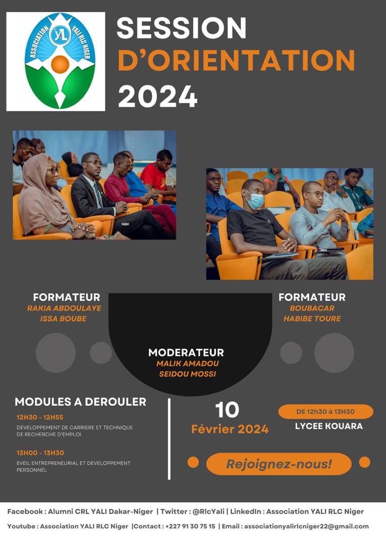 RlcYali's tweet photo. Bonjour Chers tous,

Après la session au CSP Clab, le Lycée Kouara nous accueille ce samedi 10 février 2024 pour une session d’orientation à l’endroit des élèves en classe de terminale. 

YALI YEH, YALI YAH ! https://t.co/LGTKgBh9Xk