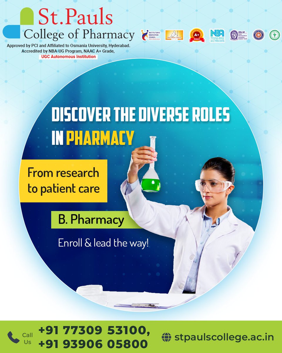 Dive deep into the #Science behind medications & explore how you can contribute to the future of healthcare. #JoinUs now & take the first step toward  fulfilling career in #Pharmacy!

#StPauls #StPaulsPharmacyCollege #PharmacyEducation #Bpharmacy #Pharmaceutical #PharmacyCollege