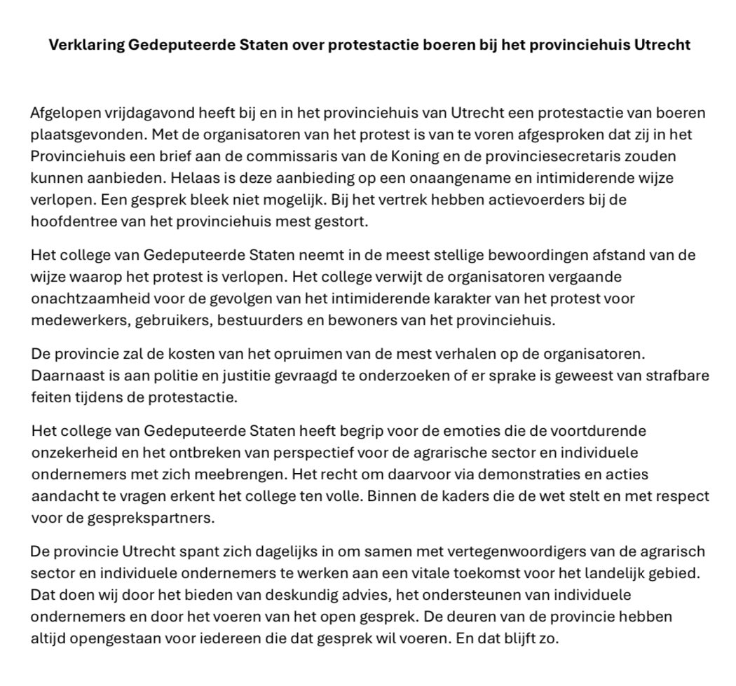 Wij sluiten ons aan bij de verklaring van GS n.a.v. de boerenprotestactie vrijdag bij het Provinciehuis.

Kunnen demonstreren en emoties uiten is belangrijk, maar wel binnen de kaders van de wet. De VVD blijft zich inzetten voor een toekomstperspectief voor de landbouw! 👩🏼‍🌾🌾