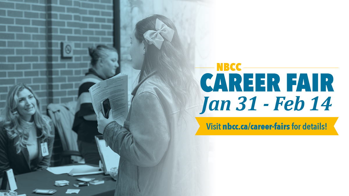 Exciting opportunities await at NBCC's Career Fair tmw at #NBCCMiramichi! Connect with top employers, polish your interview skills, and explore future career paths. Dress sharp, bring your resume, and get ready to conquer your dreams! 

Find prep tips at nbcc.ca/student-servic….