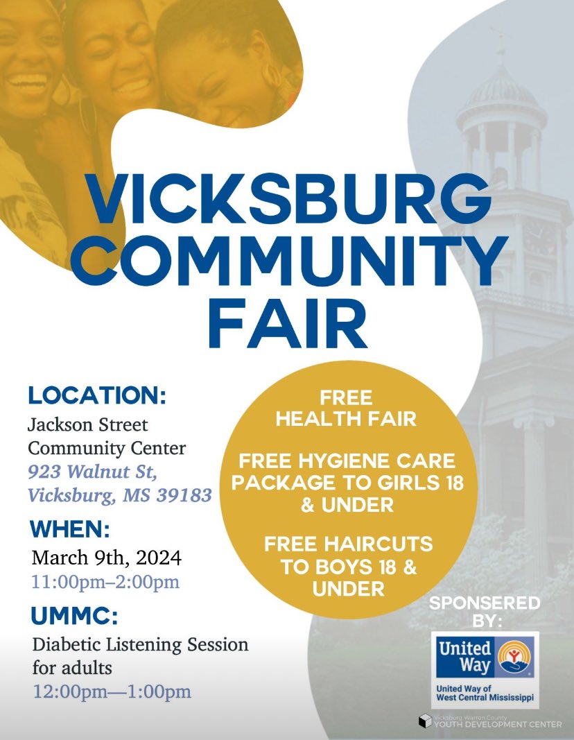 msreentry's tweet photo. Calling all of Vicksburg for our 2nd Annual Community Fair at the Jackson Street Community Center on Saturday, March 9th, 2024.
Vendor tables are free and can be reserved by emailing tmayfield2@umc.edu.
#Mississippi #msreentry🩵💛💚❤️🖤 #secondchances https://t.co/zqnJlXHu6R