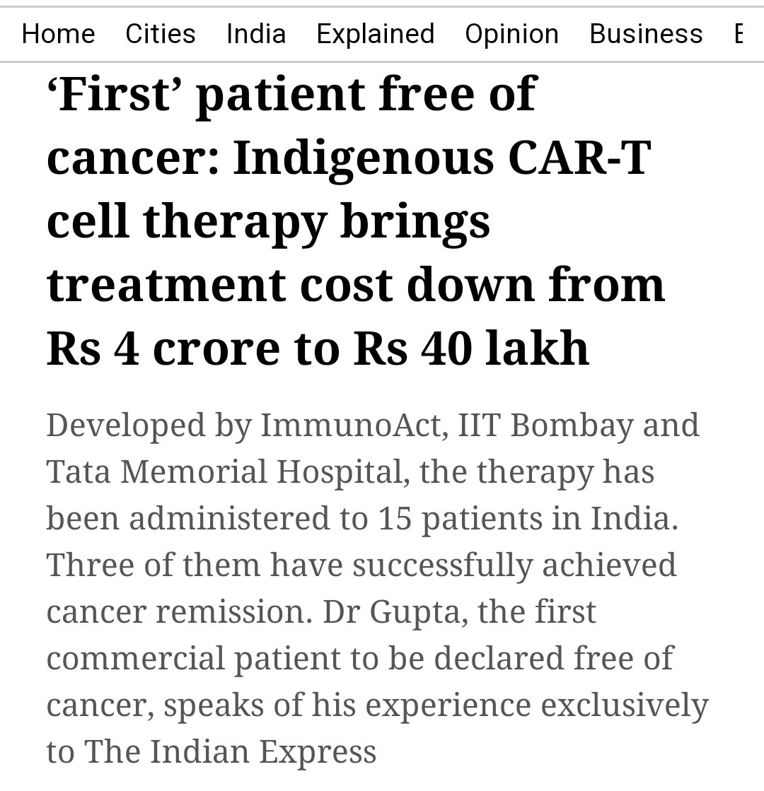 Big News:
India have this advance technology called CAR-T cell therapy, now, which already costs 1/10th of what it costs in US and may go down further to INR 5-6 lacs, as usage grow higher and higher.
#CancerResearch #India
#Cancer #CAR_TCellTherapy