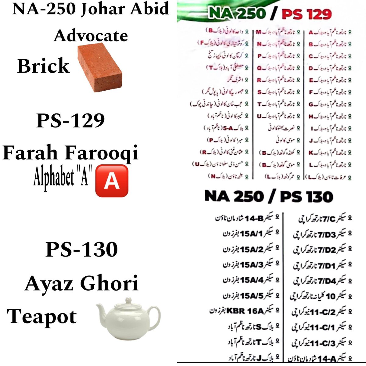 North Nazimabad know your candidates and their symbols.
NA-250 Johar Abid 🧱
PS-129 Farah farooqi 🅰️
PS-130 Ayaz Ghori 🫖
#VoteSirfAltafKa
