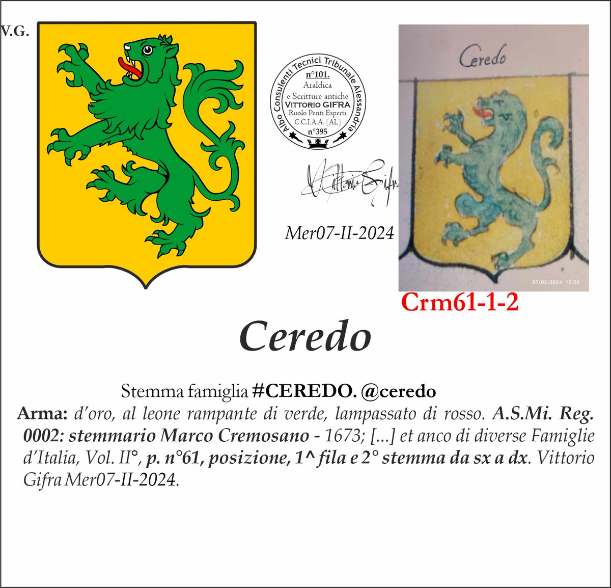 VGIFRA's tweet photo. Stemma famiglia #CEREDO. @ceredo
Arma: d’oro, al leone rampante di verde, lampassato di rosso. A.S.Mi. Reg. 0002: stemmario Marco Cremosano - 1673; [...] et anco di diverse Famiglie d’Italia, Vol. II°, p. n°61, posizione, 1^ fila e 2° stemma da sx a dx. Vittorio Gifra. https://t.co/mcYKe4VTv0