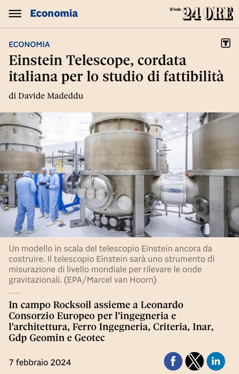 Einstein Telescope, cordata italiana per lo studio di fattibilità 
amp24.ilsole24ore.com/pagina/AFDFnVdC #einsteintelescope #infn #ricerca #ondegravitazionali
