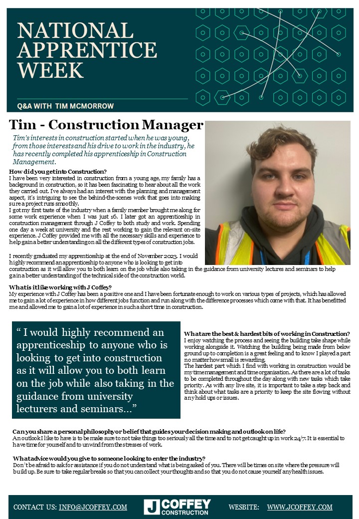 National Apprentice Week 2024!

Meet Tim -Having recently completed his apprenticeship with JCC , he gives an insight into his experiences in the construciton world!

#NAW2024 #skillsforlife

linkedin.com/feed/update/ur…