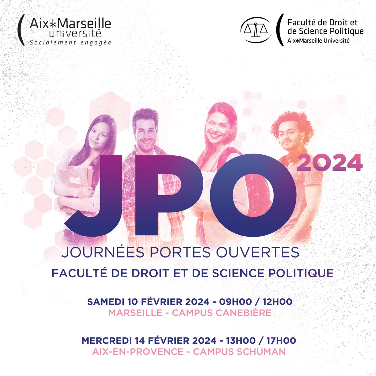 Rendez-vous les 10 & 14 février 2024 pour les journées portes ouvertes de la #Faculté de droit et de science politique d’Aix-Marseille Université ! #droit #sciencepolitique #jpo