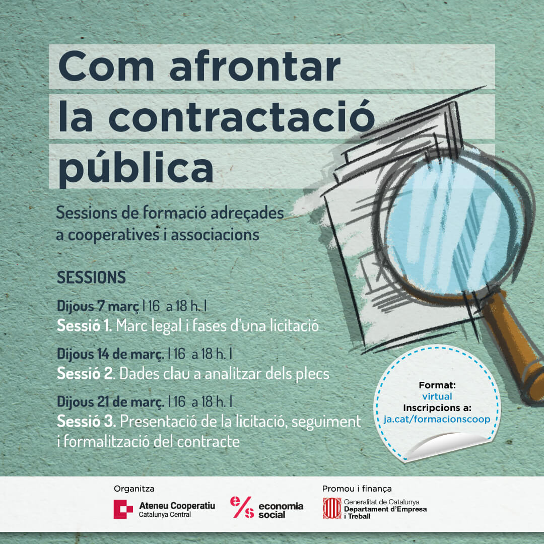 #FORMACIÓ

▶️ Com afrontar la contractació pública
🗓️ 7, 14 i 21 de març
💻 Virtual

Més info i inscripcions: serveis.coopcatcentral.cat/program/com-af…
#contractaciópública