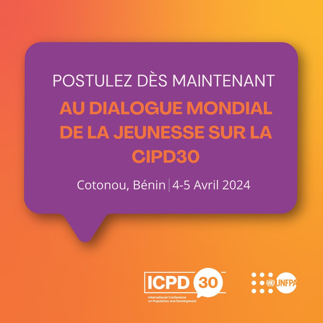 Vous êtes passionné.e par l'élaboration de l'avenir du développement mondial et la défense des droits des jeunes dans le monde entier.

Postulez avant le 9⃣février 2024 pour participer au Dialogue mondial de la jeunesse (CIPD30).

Pour plus d'infos ➡️bitly.ws/3cBPa