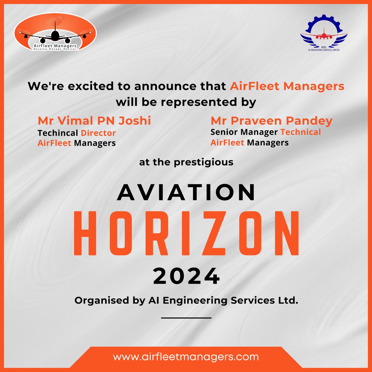 Airfleet's tweet photo. Thrilled to share that AirFleet Managers will be prominently represented by Mr. Vimal Priya and Mr. Praveen Pandey at the esteemed Aviation Horizons 2024 event hosted by AIESL. https://t.co/JoW8W9D2ND