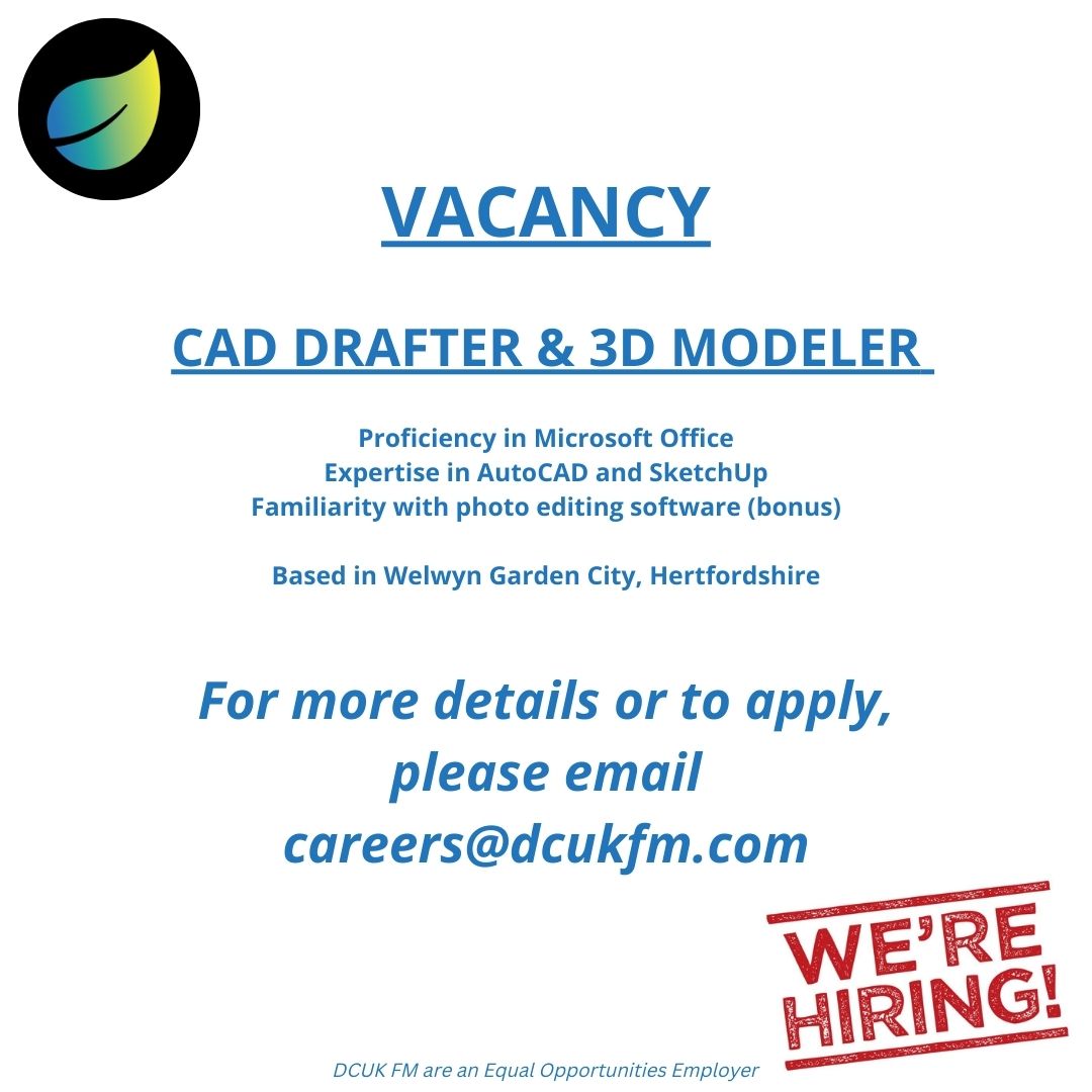 dcukfm's tweet image. We are seeking a detail-oriented CAD Drafter and 3D Modeler to join our team. 

For more details or to apply please email careers@dcukfm.com 

#cad #caddesigner #sketchup #vacancy
