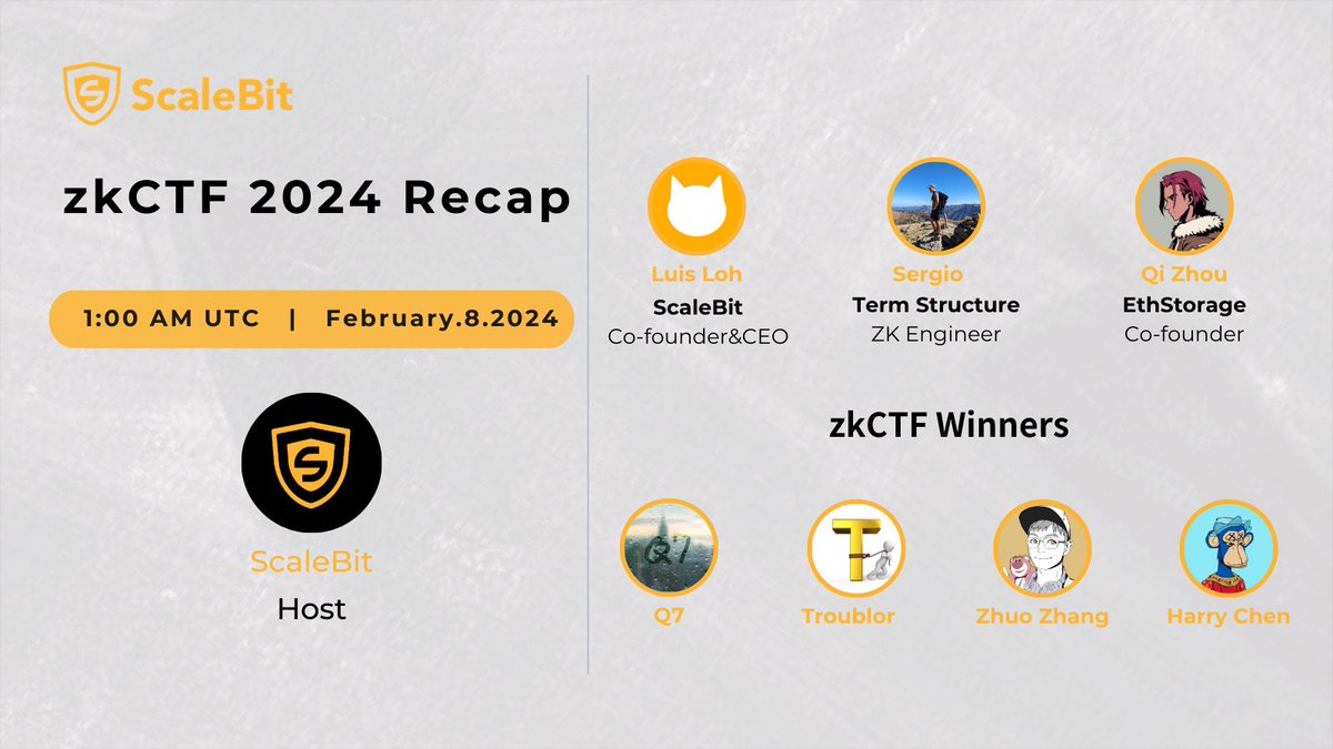 scalebit_'s tweet image. 🚩As the pioneering and inaugural #zkCTF concludes successfully, #ScaleBit is delighted to host the X space for winners, partners, and the wider #ZK developers and enthusiasts to explore more!
💡Theme: zkCTF Recap
📅Date: Feb 8th, 2024
⏲️Time: 1:00 AM (UTC)