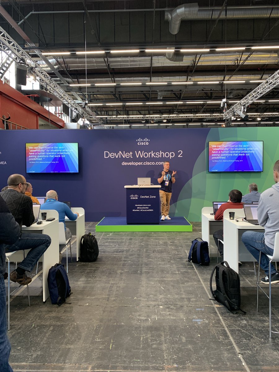 CiscoDevNet's tweet photo. 'Instrumenting Code with OpenTelemetry - DEVWKS-2025 ', with Developer Advocate, Mel Delgado (@ComputeMel), happening now in the #DevNetZone at #CiscoLiveEMEA! 💻

Follow along at home in the new Learning Lab created for this session! ✅ https://t.co/fIKxo6K1eQ https://t.co/msPgZ1S6V4