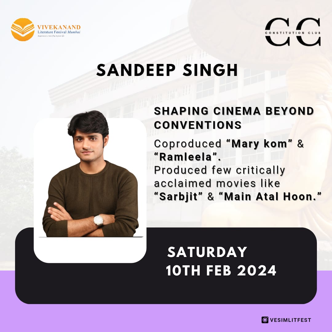 🎬 Join us at the Vivekanand Literature Festival as we welcome Sandeep Singh, the visionary filmmaker with a two-decade legacy in cinema. From co-producing hits like 'Mary Com' to Producing 'Main Atal Hoon' his journey is a testament to innovation in storytelling. 🌟 #VLF2024