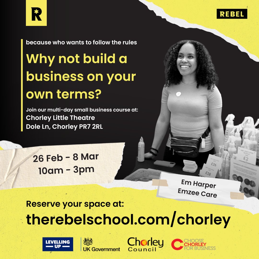 Chorley Council and Rebel Business School are hosting a series of free business workshops. The free workshops will take place from the 28th  Feb - 8th March at Chorley Little Theatre, to book your place click: bit.ly/4bw4zLi