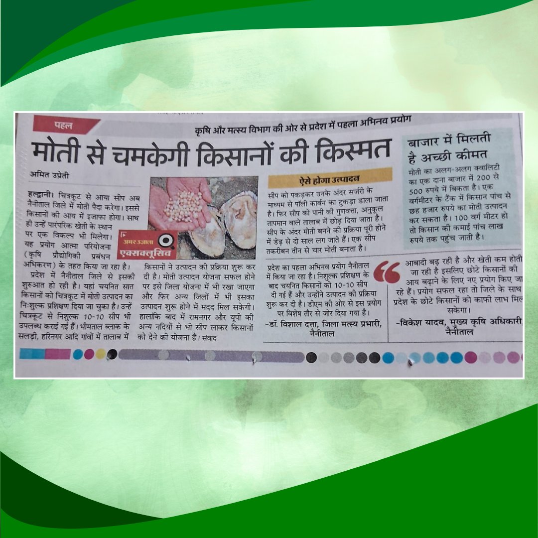 agrideptuk's tweet image. कृषि विभाग द्वारा आत्मा योजना के अंतर्गत योजना चलाई जा रहीं हैं। जिसके अन्तर्गत कृषकों को मोती उत्पादन में निःशुल्क प्रशिक्षण दिया जाएगा |

. 
. 
. 
. 
#AtmaYojana #pearlproduction #AtmaScheme #FarmerTraining #GovermentScheme #farmer