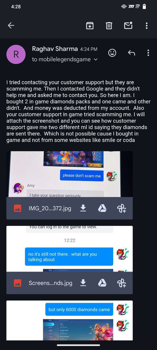 lpraghav007's tweet photo. @MobileLegendsOL @GooglePlay both of you are not helping and just scamming me.  Google says to contact moonton and moonton is straight lying and scamming me my money https://t.co/f89CFQpag9