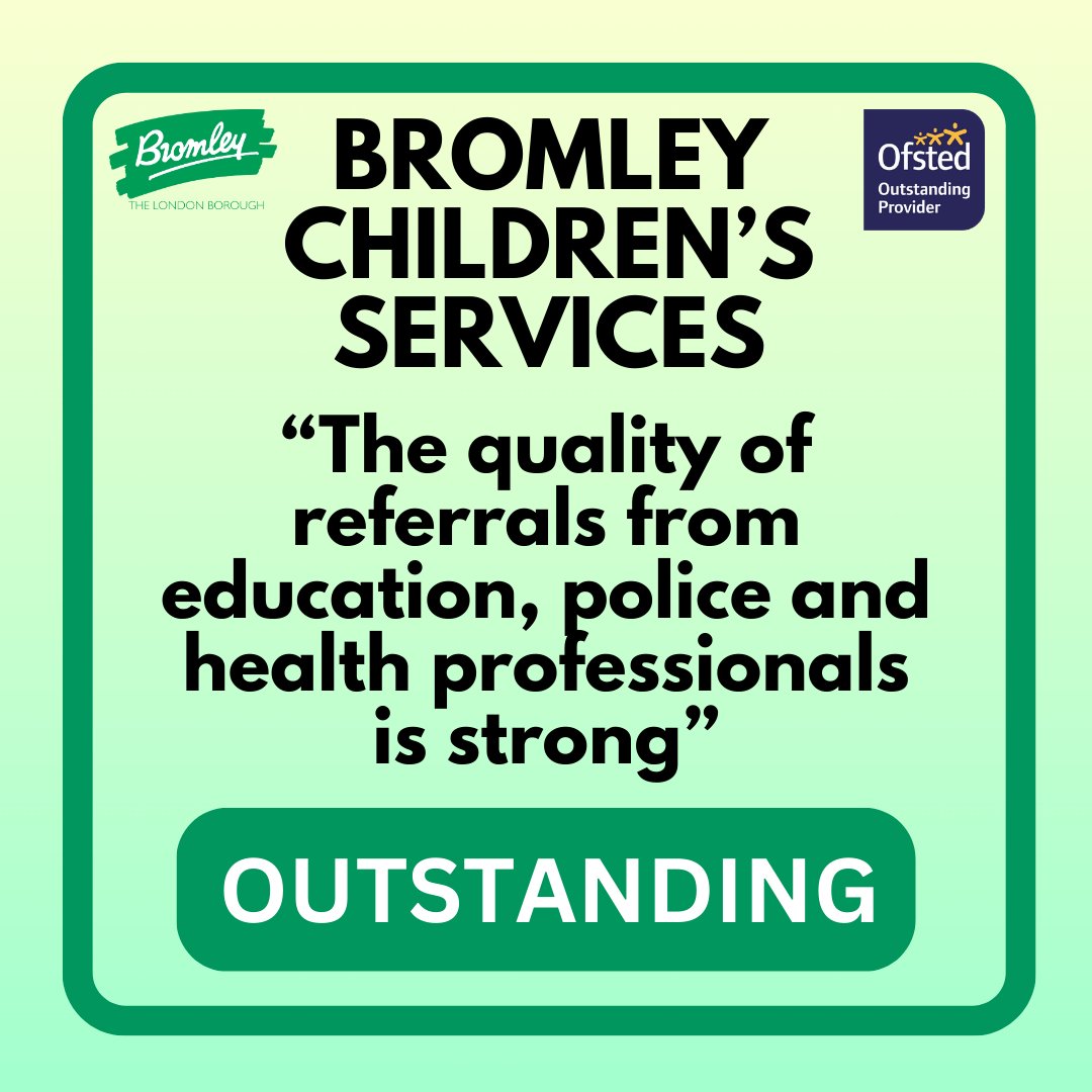 Bromley's Children's Services rated 'outstanding' by Ofsted 'The quality of referrals from education, police and health professionals is strong, reflecting the quality of joint working in the borough' Read more on children & families hubs in the report: bromley.gov.uk/news/article/6…