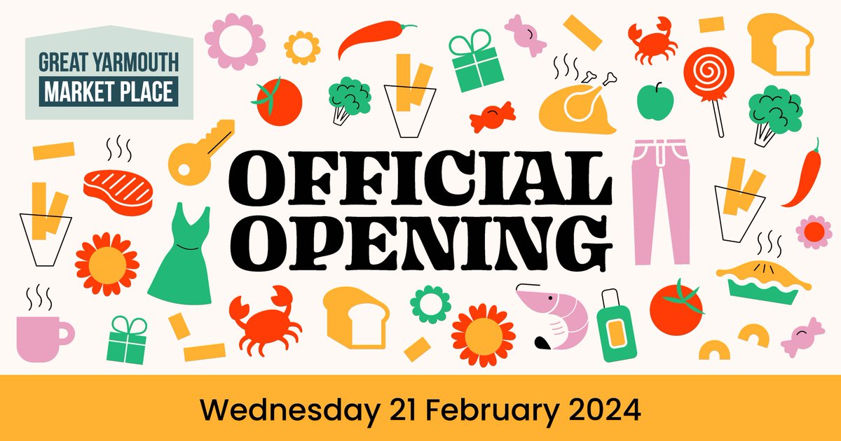 Come along to our official opening event on Wednesday 21 February from 10.30am to 3pm.
 
Lots going on throughout the day with entertainment, a cooking competition, chef demos and a children's trail exploring the market. 🎶

#greatyarmouthmarket <a href="/greatyarmouthbc/">Great Yarmouth Borough Council</a> <a href="/freshlygreated/">Freshly Greated</a>