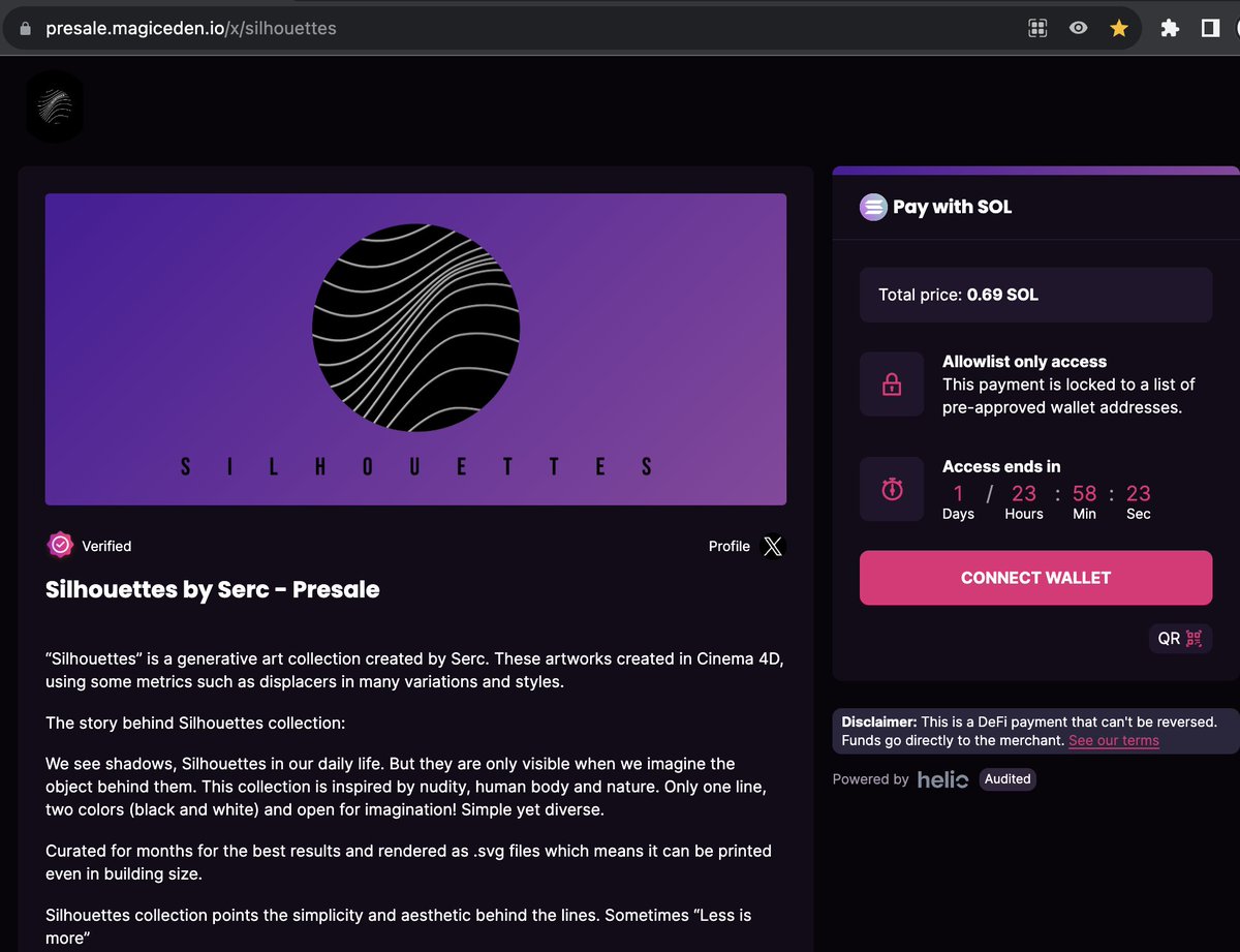 gm!

Presale for Silhouettes collection is live now!

- Presale window will be open for for 48 hours.

- Payments powered by verified partner of Magic Eden: <a href="/helio_pay/">helio_pay</a> 

- Presale is available for only collab community raffle winners. 

- Presale is guaranteed and max 1 per