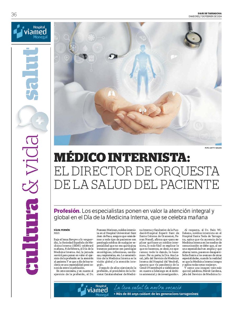 Sociedad_SEMI's tweet photo. 📰 Con motivo del #DíaMedicinaInterna2024 que celebramos mañana, #8defebrero, @DiarideGirona publica este reportaje de doble página en papel con título: "Médico internista: el director de orquesta de la salud del paciente". #Orgullodeserinternista #Siemprealavanguardia 
🔗🗞️Papel: https://t.co/XqVp5ztfEp
🔗💻Online: 
#SEMITuit #MedicinaInterna https://t.co/l3EwXJsOz6
#SEMItuit #MedicinaInterna @CarreteroJuani