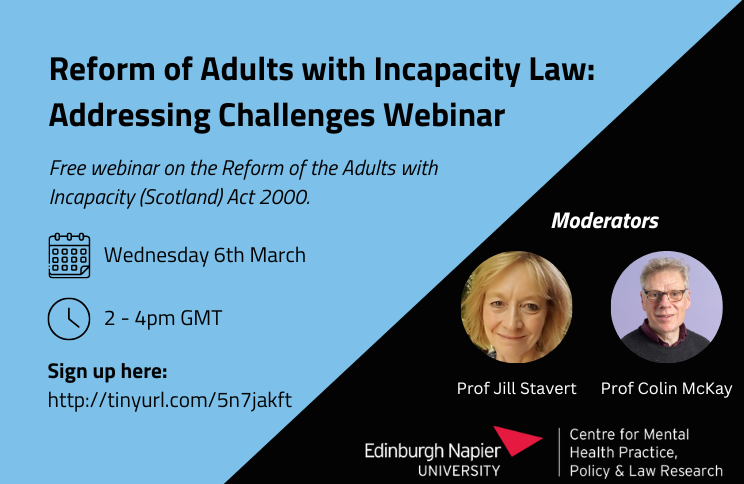 Save the date!  

We've got another webinar planned - Reform of adults with incapacity law: addressing challenges

📅: Wednesday 6 March
⏰: 2-4pm GMT   

Great list of speakers confirmed. Read more and reserve your spot here 👇
tickettailor.com/events/edinbur…