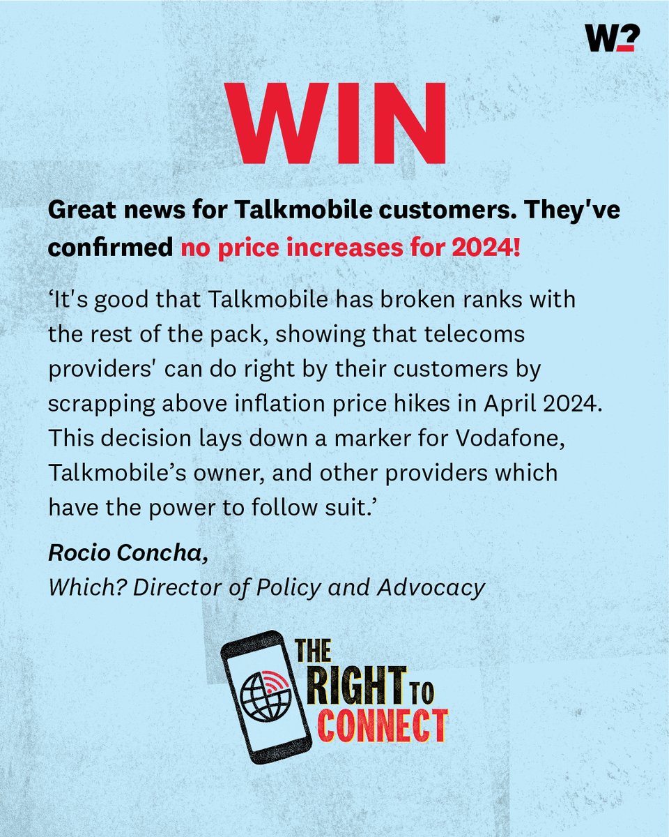 WhichUK's tweet photo. It's great to see @TalkmobileUK has cancelled price hikes in April 2024! Will your parent company @VodafoneUK also do right by their customers and scrap above inflation price hikes this April? #TheRightToConnect #CallItOut https://t.co/Xd8fUIQrf2