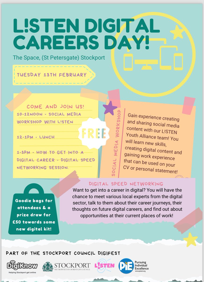 Looking for something to do next week during half term? 
Interested in a career in #Digital or want to spend time developing some new #skills? 

Come along to our #DigiFest event next Tuesday! 

Registration is essential! 

#SocEnt #Stockport #Careers

forms.gle/kDEVQo36FFq2Ak…