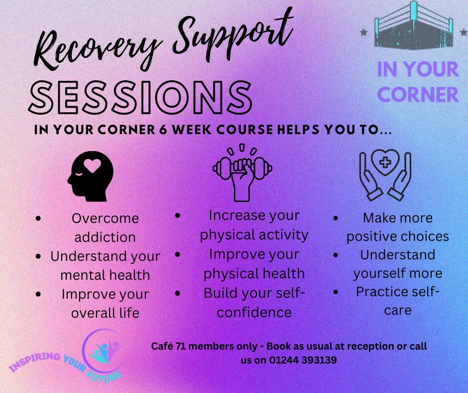 Want some more support with your recovery journey? Inspiring your future are running a 6 week recovery programme at Café 71 for all current members. Book with us now😀