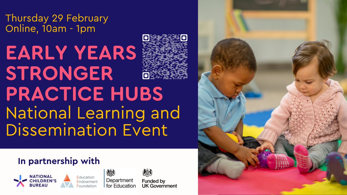 📢Calling all early years practitioners! 📢 We are hosting a National Learning & Dissemination online event on 29 Feb to share and celebrate the work of the Stronger Practice Hubs. Register 👉buff.ly/42aYPCz & find out more about the programme 👉buff.ly/3Rr51CH