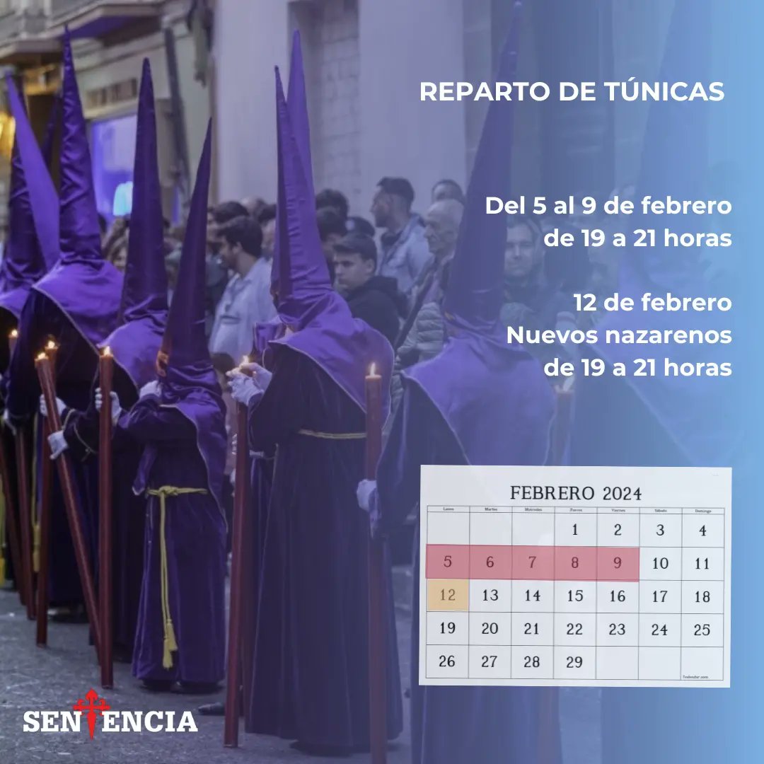 lasentencia's tweet photo. 🔴 RECUERDA |
Durante toda esta semana estamos repartiendo las túnicas de nazareno y tallando para ambos tronos. 
Ven a nuestra casa hermandad y participa en la procesión del próximo Martes Santo!
#CofradíasMLG https://t.co/18wyBC8sKA