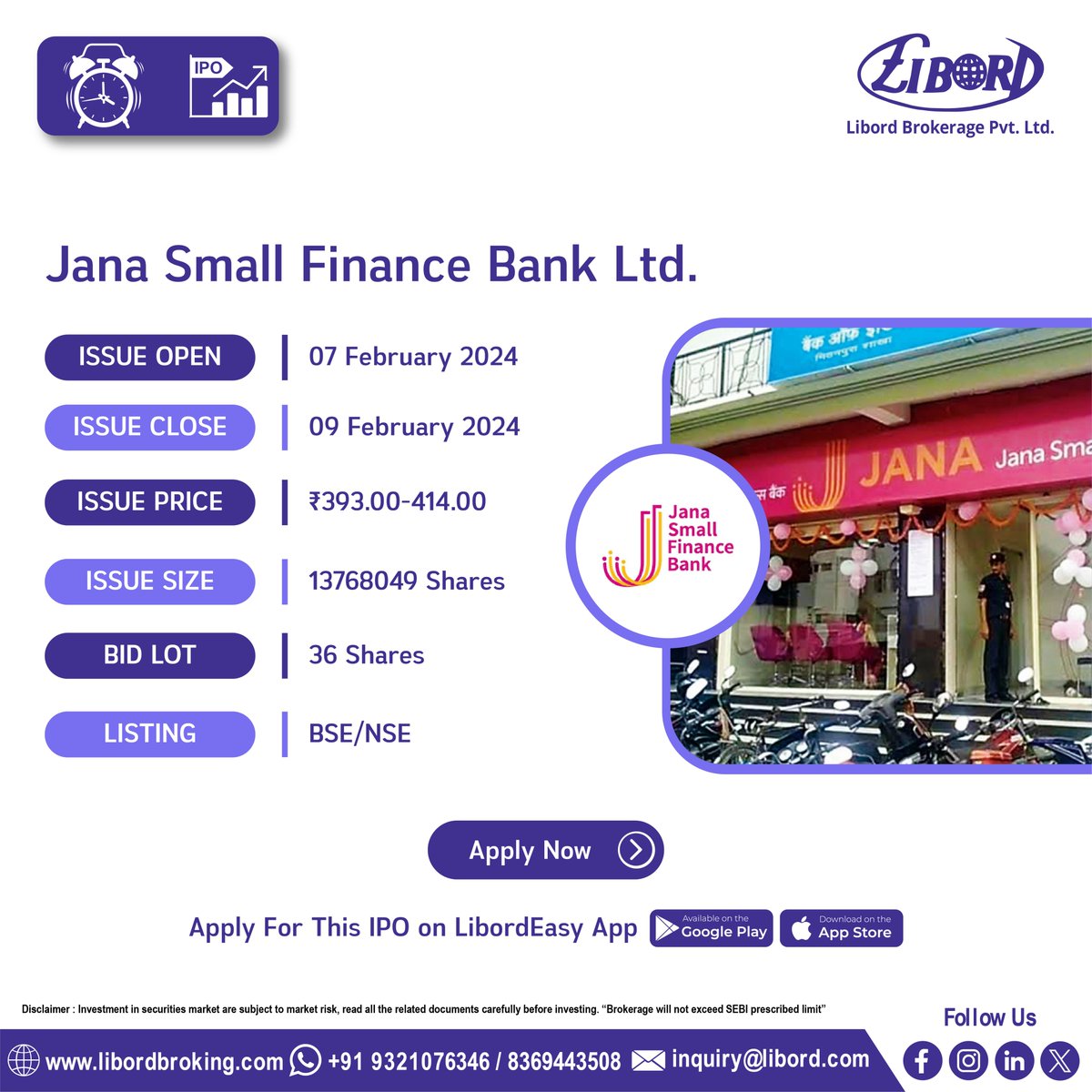 LibordBrokerage's tweet image. Jana Small Finance Bank Ltd, Capital Small Finance Bank Ltd and Rashi Peripherals Ltd #IPO hit the market book now

IPO Application Date: 7 February to 9 February 2024

Hurry to book your IPO at ekyc.libordbroking.com/eipo

#ApplyIPO #BookIPO #LatestIPO #IPOalert #IPONEWS #viralpost