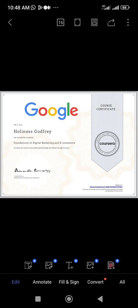 HolinessGodfrey's tweet photo. I'm happy to share my certificate after completion of the Foundations of Digital Marketing and E-commerce. https://t.co/v5YSE2ekT0