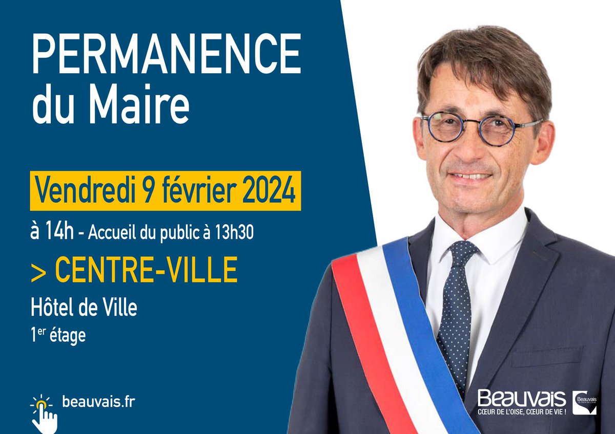 𝗣𝗘𝗥𝗠𝗔𝗡𝗘𝗡𝗖𝗘 𝗗𝗨 𝗠𝗔𝗜𝗥𝗘 
📆 Vendredi 9 février 2024
⏰ à 14h
↘️ CENTRE-VILLE
👉 Hôtel de Ville - 1er étage
↪️ Retrouvez toutes les dates des prochaines permanences du maire et des élus : beauvais.fr/votre-mairie/p…