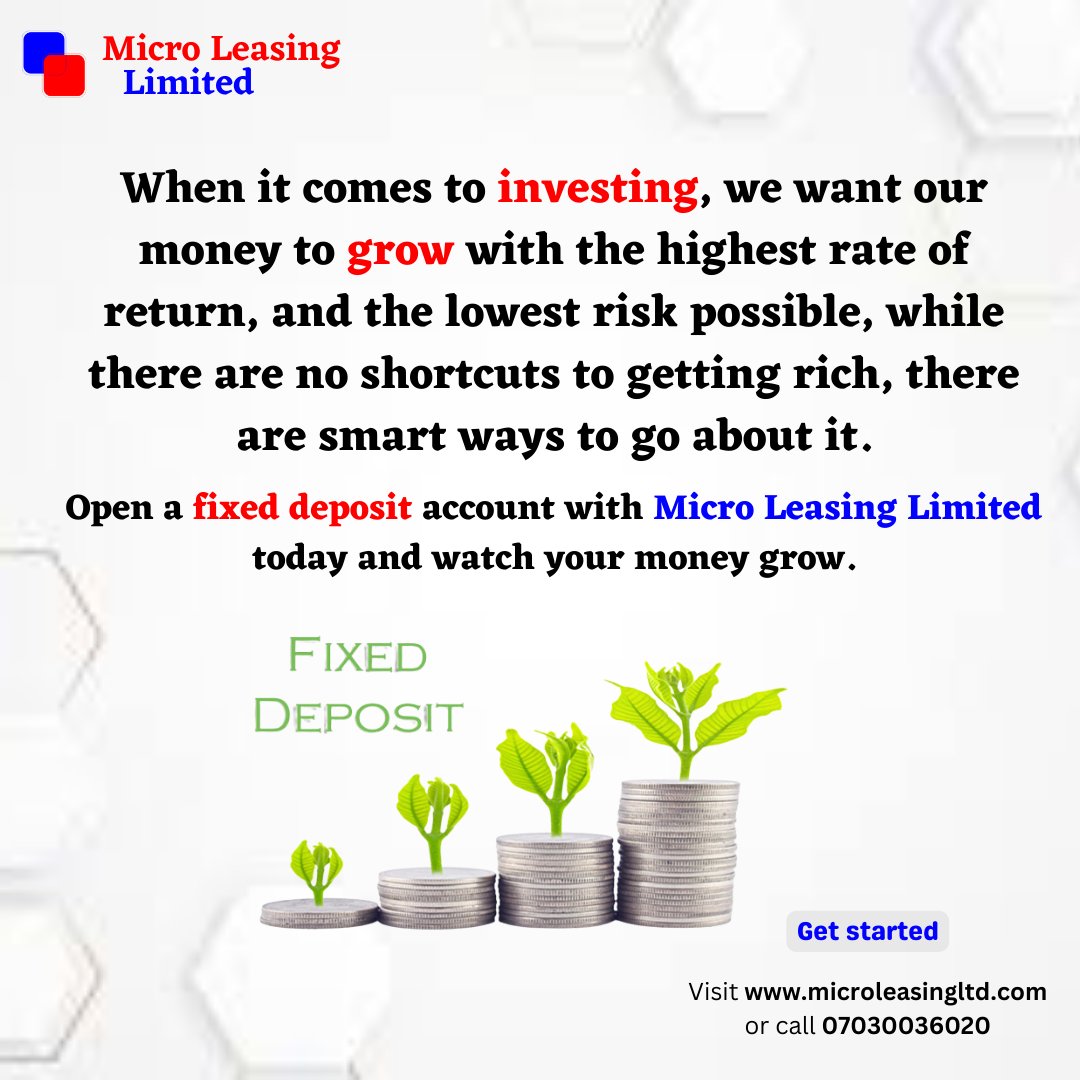 microleasingltd's tweet photo. Invest and watch your money grow with us at Micro Leasing Limited today.
To get started visit https://t.co/n6B4Nt12lW or call 07030036020. #investing #microleasingltd #microleasing #moneytips #money #fixeddeposit #savingmoney https://t.co/qCd0Ofx0NJ