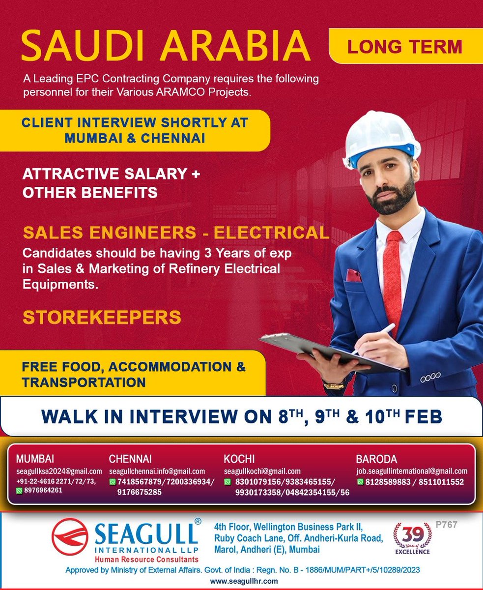 hrd1_seagull's tweet photo. 🇸🇦Saudi Arabia Jobs
‼️Long Term Project 
📝Walk Interview On 08th , 9th &amp; 10th Feb 2024
💻Client Shortly At Mumbai &amp; Chennai
📍Location - Mumbai , Chennai , Kochi &amp; Baroda
.

.

.
#saudiarabiajobs #seagull #salesengineers #electrical #storekeepers https://t.co/pg2iCjamVf