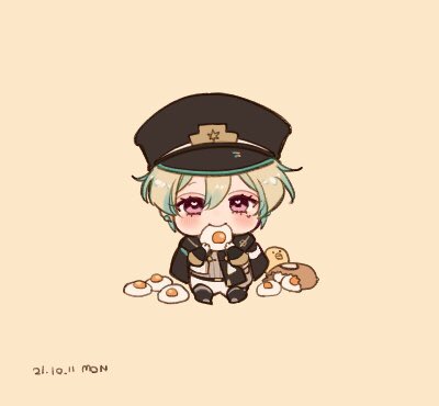 hat chibi 1boy green hair male focus solo sitting  illustration images