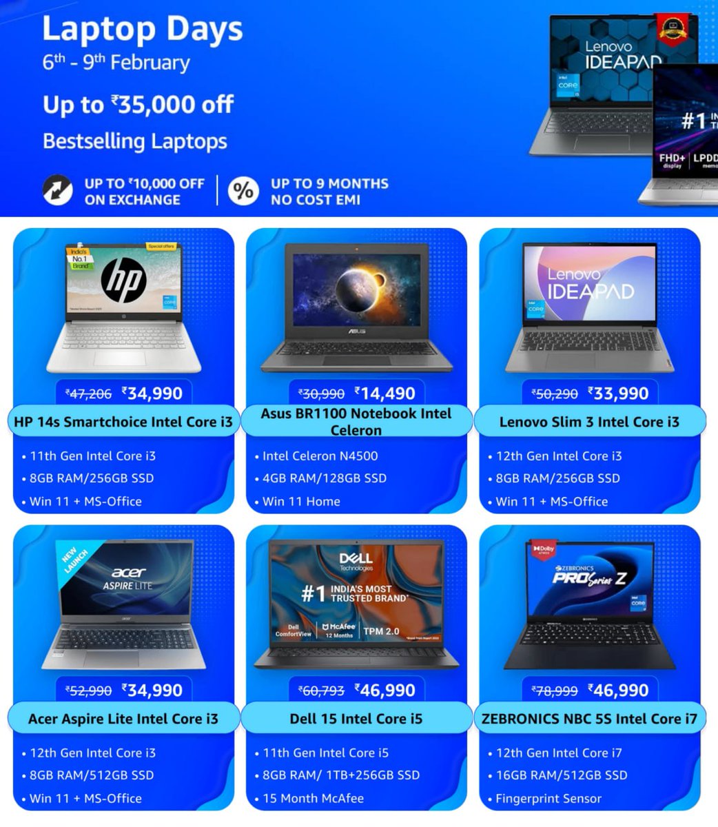 AmazingDealzIn's tweet image. 💻 Laptop Days
⚡️Up to Rs 35,000 Off
📣 Sale Ends On 9th Feb
-Top deals on High performance laptops
-Up to Rs 10,000 Off On Exchange
-Up to 9 Months No Cost EMI
👉  Shop Now: amzn.to/3Uu3XQo

#LaptopsSale ##HpLaptop #lenovalaptop #DellLaptop #AcerLaptop