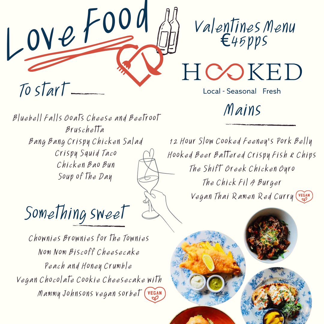 Enjoy a casual valentines/ galentines date night at Hooked ❤️ February 14th - 18th  For the love of good food .. created with the finest local ingredients & made with a lot of local foodie passion 🌹🔥 Make a reservation 071 91 38591 💌 #foodismylovelanguage #lovelocal #lovesligo